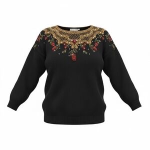 Eminent Black Maximalist Beaded Sequins Floral Crew Neck Sweater Women M